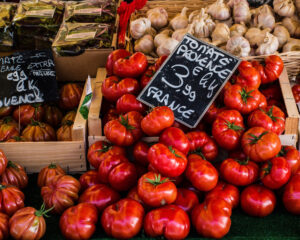 Tasty, fresh tomatoes for sale in a market in Aix en Provence
